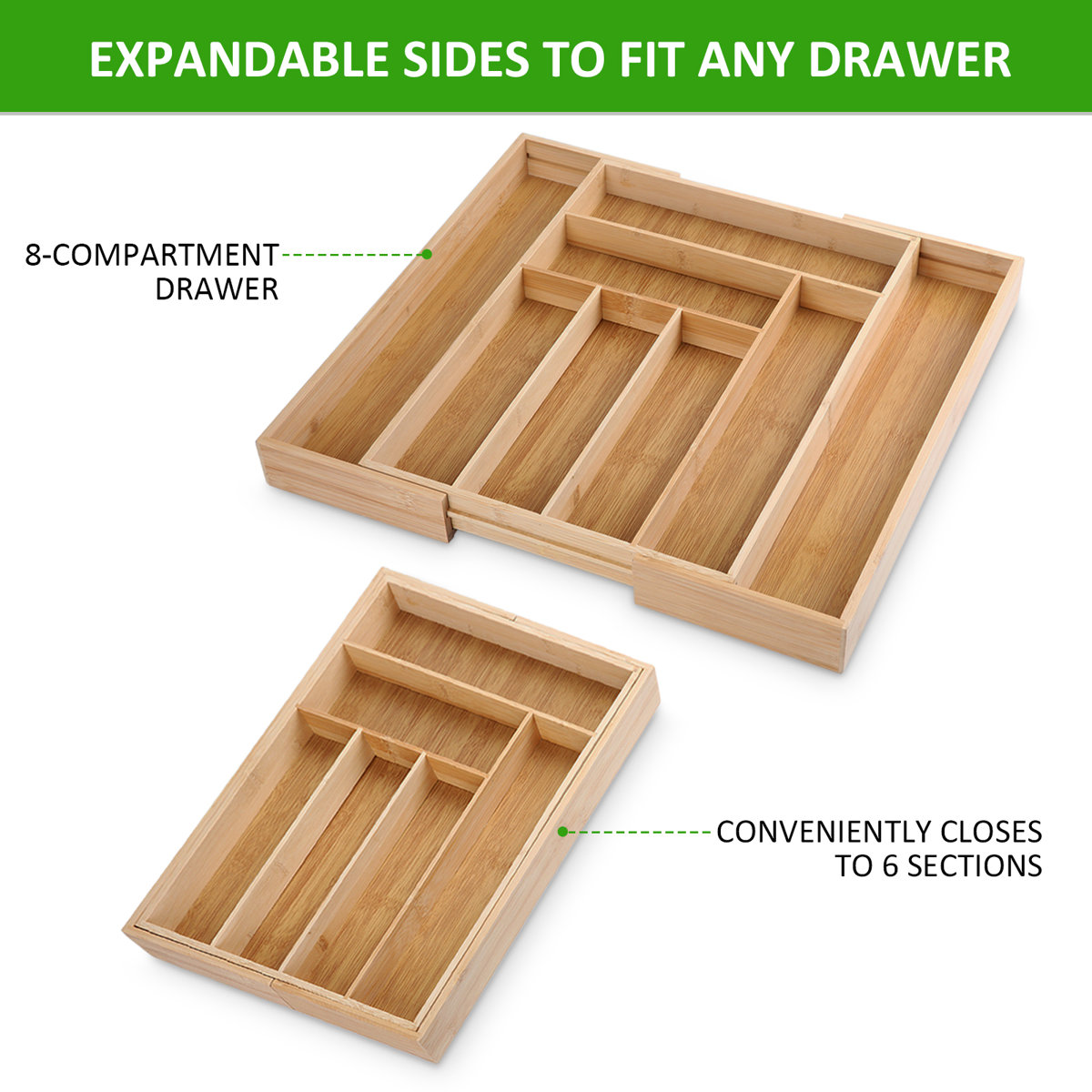 Bamboo Drawer Organizer, 6-8 Slot Expandable Cutlery Tray for Forks, Spoons and Knives, Large Adjustable Kitchen Utensil Holder